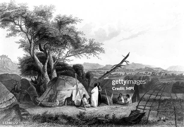 Circa 1634, The construction of a wigwam in a Winnebago village in modern Wisconsin. Animal skins are stretched over a hemispherical wooden frame, as...