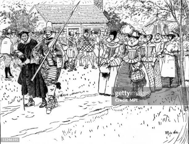 The arrival of unmarried female settlers at the Jamestown colony in Virginia. They were recruited by the Virginia Company in England to improve...