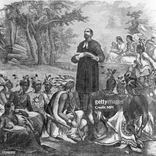 English Presbyterian missionary John Eliot addresses a gathering of Algonquians. Known as 'the Apostle of the Indians', Eliot established the first...