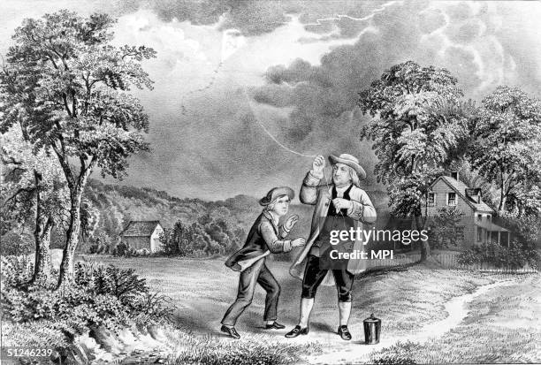 June 1752, Benjamin Franklin's 1762 experiment proving that lightning is an electric phenomenon. Original Artwork: Lithograph by Currier & Ives