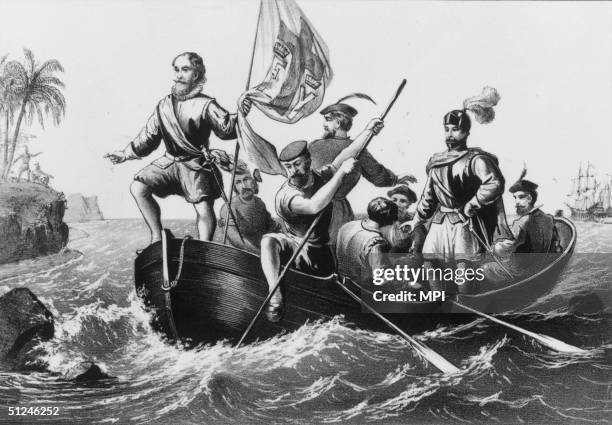 12th October 1492, Italian-Spanish navigator Christopher Columbus lands at San Salvador. Original Artwork: Printed by Currier & Ives