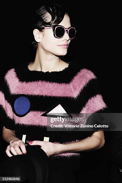 Model is seen backstage ahead of Emporio Armani show during Milan Fashion Week Fall/Winter 2016/17 on February 26, 2016 in Milan, Italy.