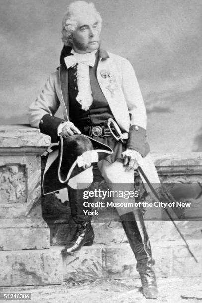 Circa 1865, Portrait of American financier August Belmont Sr. Wearing a Colonial era costume, 1860s.