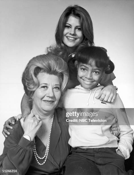 Promotional studio portrait of American actors Charlotte Rae, Lisa Welchel and Kim Fields for the television series, 'The Facts of Life'.