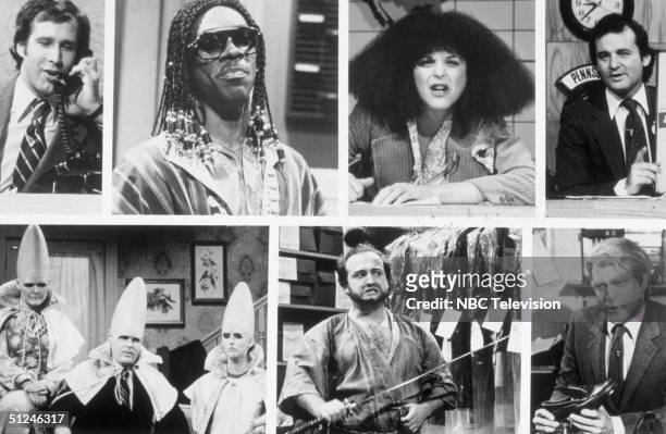 Circa 1975, Stills from sketches from the 1975-84 seasons of the television show 'Saturday Night Live.' Top, left to right: Chevy Chase, Eddie...