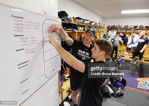 Rory Rawlyk and Nicklas Lindberg of Orlando Solar Bears go over the plan prior to the game against the Florida Everblades at the Germain Arena on...