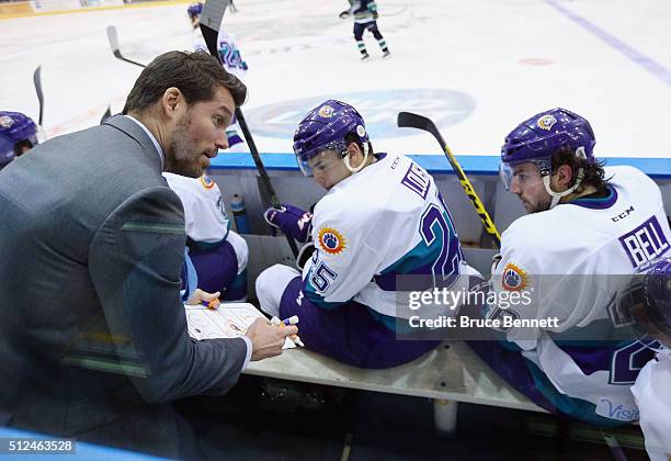 Head coach Anthony Noreen of Orlando Solar Bears handles bench duties against the Florida Everblades at the Germain Arena on February 10, 2016 in...