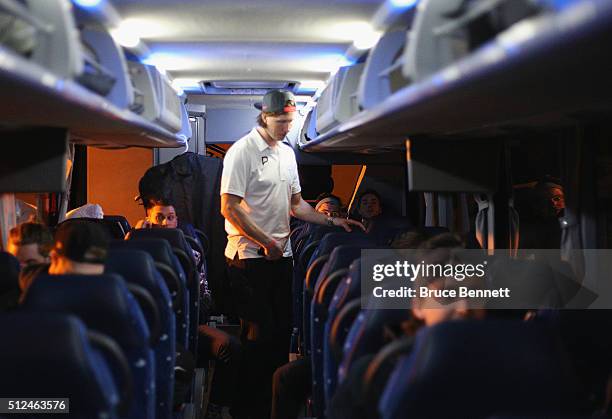 Rory Rawlyk of Orlando Solar Bears chats with other players on the ride home following a game against the Florida Everblades at the Germain Arena on...