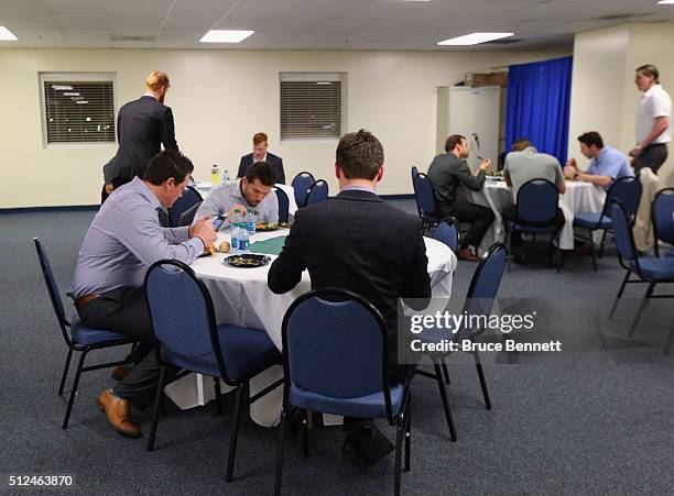 The Orlando Solar Bears have a postgame meal before the bus ride home on a road trip against the Florida Everblades at the Germain Arena on February...