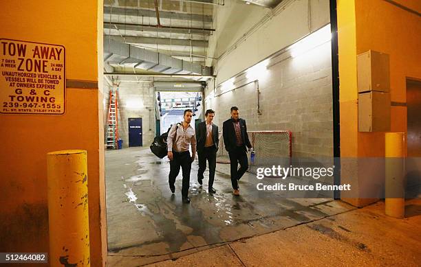 The Orlando Solar Bears head back to the bus for the ride home following a game against the Florida Everblades at the Germain Arena on February 10,...