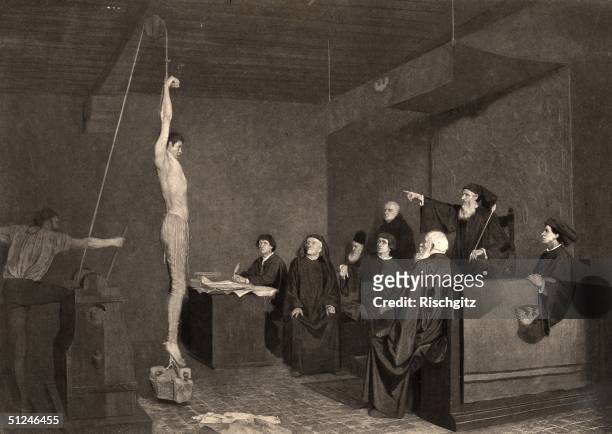 Circa 1450, A fifteenth century tribunal. An accused man is tortured in front of the members of the court in order to extract a confession. He is...