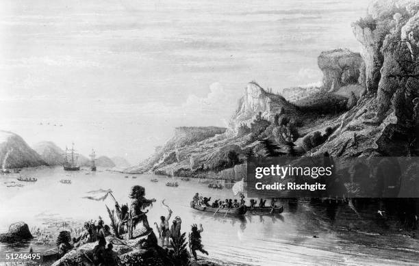 French navigator and explorer, Jacques Cartier, ascending the St Lawrence River, Canada. Original Artwork: Engraving by Gudin.