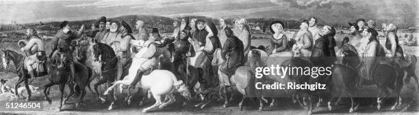 Circa 1350, A group of travellers making a pilgrimage to the shrine of St Thomas A Becket in Canterbury, as in Geoffrey Chaucer's classic work 'The...