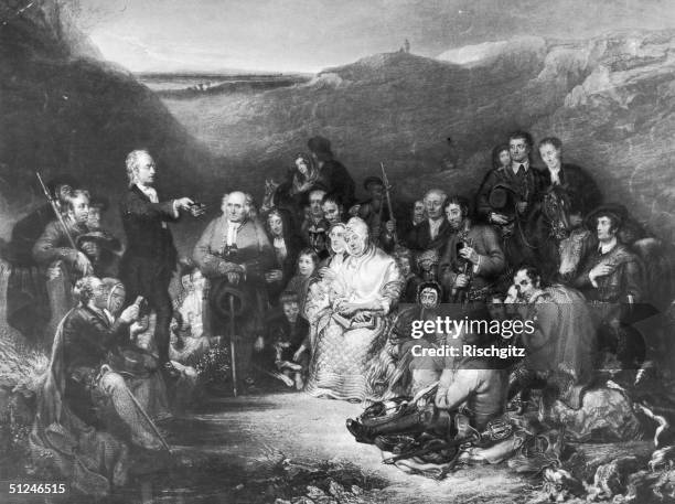 Circa 1670, Crowds listen to a Presbyterian Minister preaching at a Covenanters' Meeting. Original Artist: By G Harvey