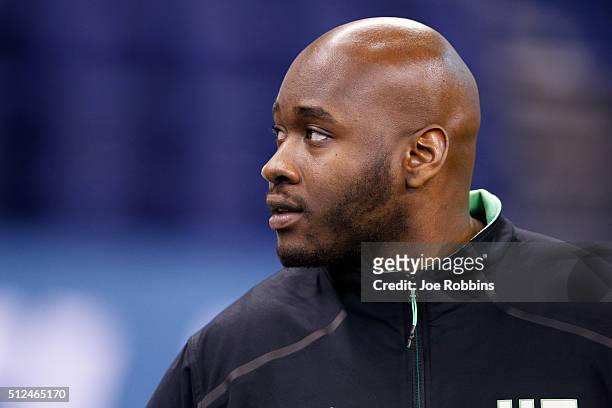 Offensive lineman Laremy Tunsil of Ole Miss looks on during the 2016 NFL Scouting Combine at Lucas Oil Stadium on February 26, 2016 in Indianapolis,...
