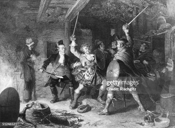 Circa 1700, Scottish brigand Robert 'Rob Roy' MacGregor during a sword fight. Rob Roy worked on his family's farm in Balquhidder and traded cattle...