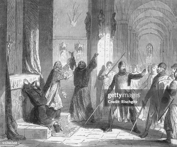 Circa 1300, Scottish hero, Sir Willam Wallace trying to prevent soldiers attacking priests at the altar.