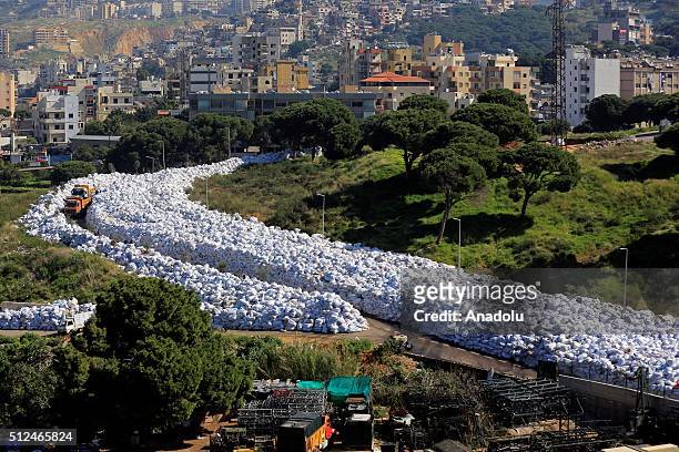 Pile of packed garbages are seen before exportation at Al Jadeed district in Beirut, Lebanon on February 26, 2016. Lebanon agrees to end its garbage...