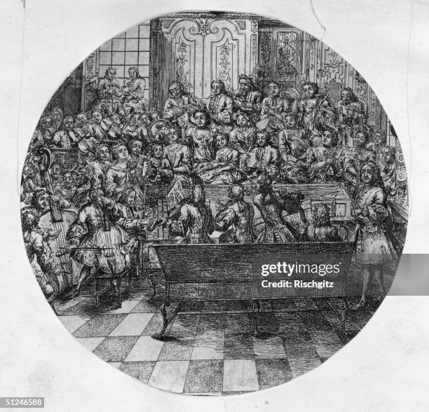 Circa 1740, German composer George Frederick Handel conducting an oratorio. Original Artwork: British Museum - Select English Prints - case 2 - vol3