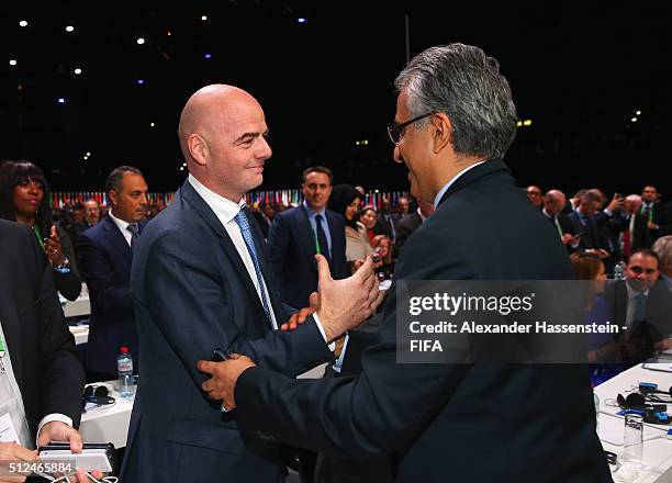 Gianni Infantino is congratulated by Sheikh Salman Bin Ebrahim Al Khalifa after being elected as the new FIFA President during the Extraordinary FIFA...