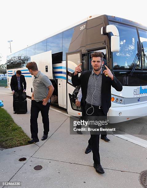 Brady Vail of Orlando Solar Bears gets off the bus on a road trip to play the Florida Everblades at the Germain Arena on February 10, 2016 in Estero,...