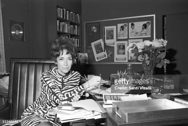 Circa 1965, American writer and magazine editor Helen Gurley Brown in her office at Cosmopolitan magazine, 1960s.