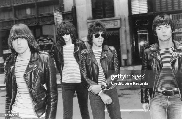 Promotional portrait of the American punk rock group The Ramones. Left to right: Johnny , Joey , Marky and Dee Dee .