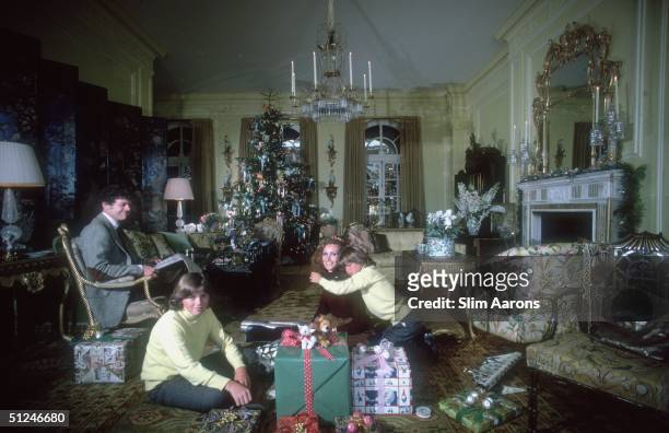 Ann and Gordon Getty and two of their four sons, Andrew and Billy, at home for Christmas, San Francisco.