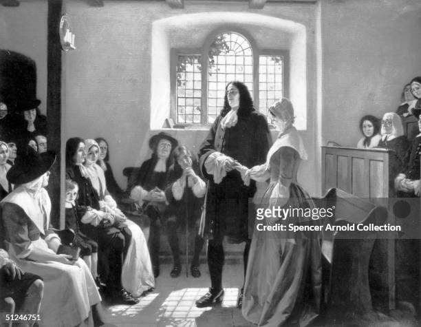5th January 1696, the marriage of English Quaker and founder of Pennsylvania William Penn and Hannah Callowhill at the Friends' Meeting House, The...