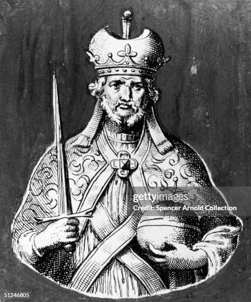 Circa 1045, The Holy Roman Emperor Heinrich III , wearing a crown and bearing a sword and orb.