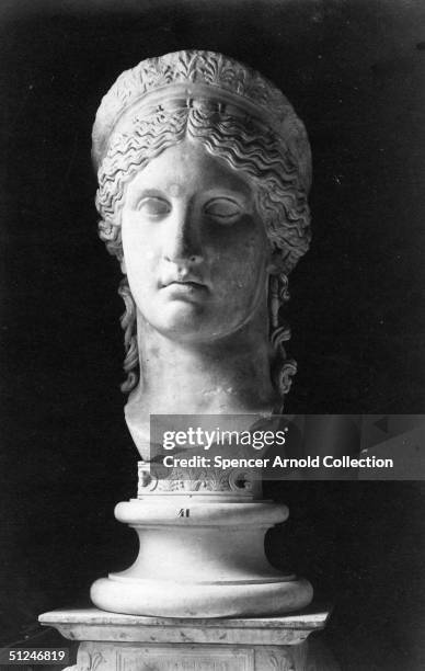 Circa 141 AD, Sculpted head of the Roman empress Faustina, Annia Galeria, , known as 'The Elder'. She was the wife of Antoninus Pius.