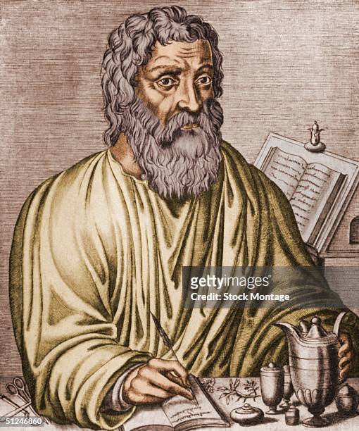 Circa 400 BC, Portrait of Hippocrates . Greek physician. Known as the 'father of medicine', he developed the belief that four fluids of the body are...