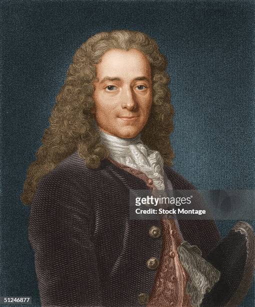 Circa 1740, Portrait of Voltaire . French writer and philosopher. Born Francois-Marie Arouet, a brilliant wit, his histories 'Henry IV' and 'Louis...