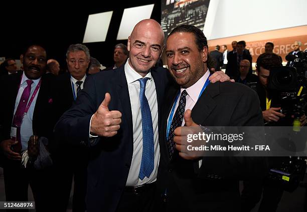 Gianni Infantino poses with FIFA Executive Committee member Sheikh Ahmad Al Fahad Al Sabah after being elected as the new FIFA President during the...