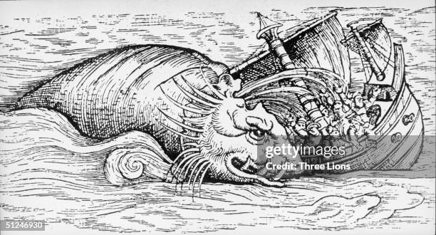 Woodcut of a monstrous-looking whale attacking a fishing boat. Original Publication: From the Schoenfeld Collection.