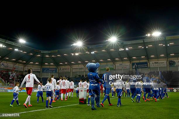 The team of Pasderborn and Leipzig enter the pitch prior to the 2. Bundesliga match between SC Paderborn and RB Leipzig at Benteler Arena on February...