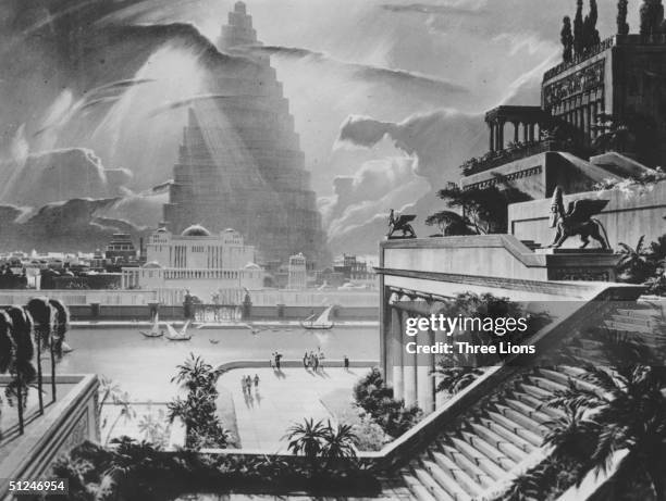 Reconstruction of the city of Babylon, with the Tower of Babel in the distance, and one of the Ancient Seven Wonders, the Hanging Gardens built by...