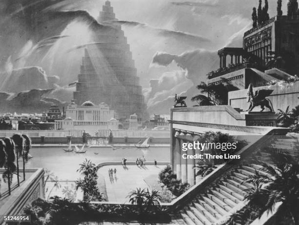 Reconstruction of the city of Babylon, with the Tower of Babel in the distance, and one of the Ancient Seven Wonders, the Hanging Gardens built by...