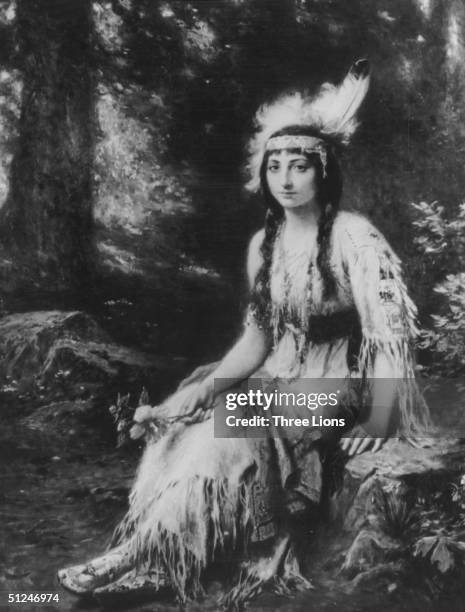 Native American Princess Pocahontas wearing traditional attire, at the time of her marriage to colonialist John Rolfe. Original Artwork: Painting by...