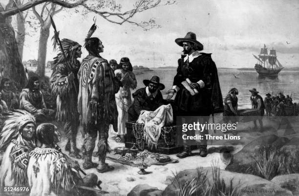 6th May 1626, Dutch colonial officer Peter Minuit purchases Manhattan Island from Man-a-hat-a Native Americans, for trinkets valued at $24. Original...