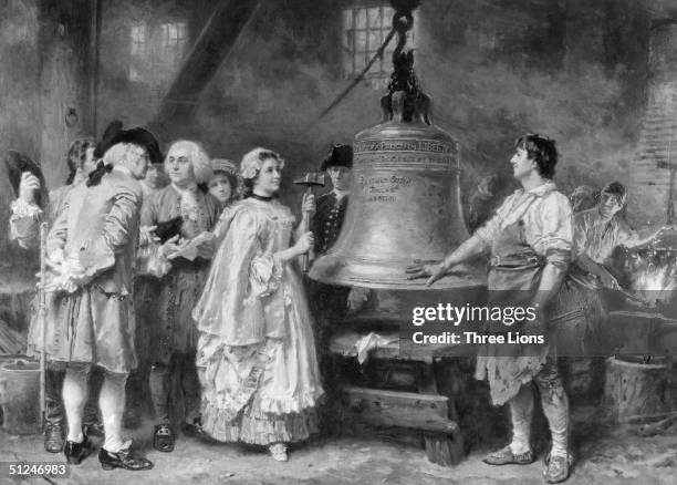 Philadelphia's Liberty Bell being tested in the Pass and Stow Foundry, with the American statesman, writer and scientist Benjamin Franklin present....