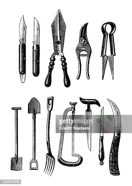 gardening equipment - antique garden tools stock illustrations