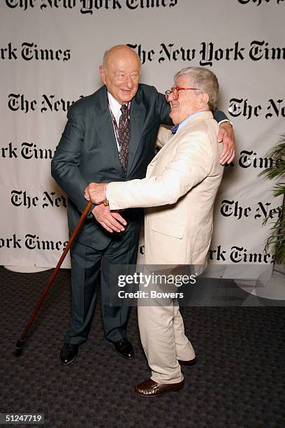 Ed Koch and Abe Rosenthal attend a party hosted by Arthur O. Sulzberger Jr. Publisher of the New York Times at the Frederick P. Rose Hall August 30,...