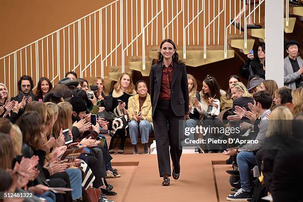 Designer Alessandra Facchinetti acknowledges the applause of the audience at the runway at the Tod's show during Milan Fashion Week Fall/Winter...