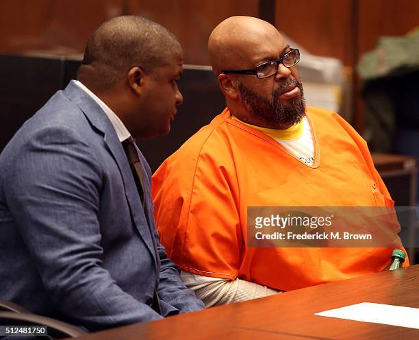 Marion "Suge" Knight and his attorney Thaddeus Culpepper appear in court for a pretrial hearing at the Clara Shortridge Foltz Criminal Justice Center...