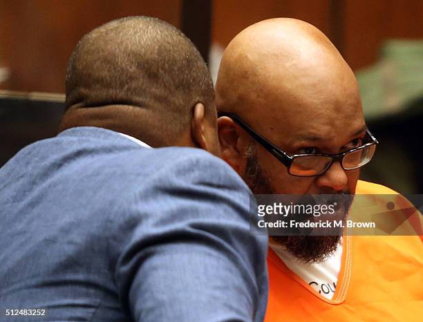Marion "Suge" Knight and his attorney Thaddeus Culpepper appear in court for a pretrial hearing at the Clara Shortridge Foltz Criminal Justice Center...