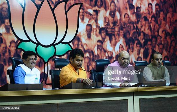 President Amit Shah with BJP leaders Piyush Goel, Shrikant Sharma and Sudhanshu Trivedi conducting press conference at the BJP headquarters at 11...