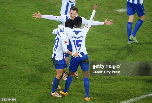 Hiroki Yamada, Dimitrios Diamantakos and Boubacar Barry of Karlsruher SC celebrate after scoring the 0:1 during the game between Union Berlin and...