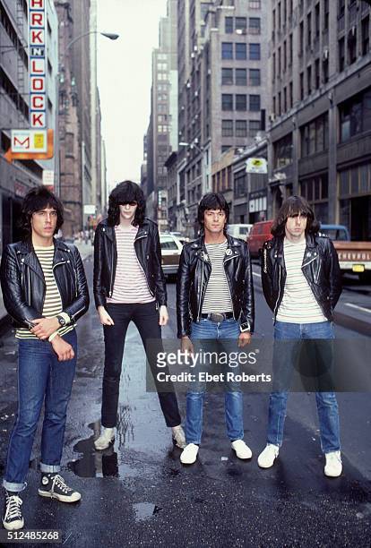 American punk rock band The Ramones, in New York City, June 10, 1981. Left to right: Marky Ramone, Joey Ramone , Dee Dee Ramone and Johnny Ramone .