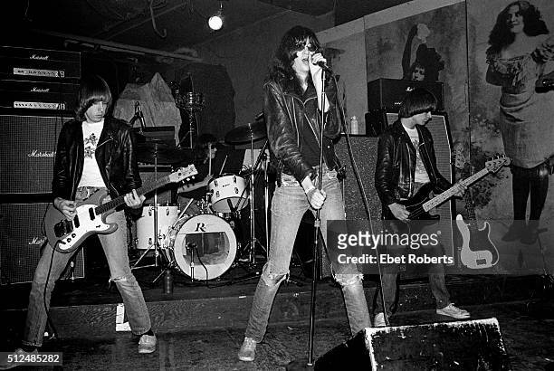 American punk rock band The Ramones performing at CBGB's in New York City on March 31, 1977. Left to right: Johnny Ramone , Tommy Ramone , Joey...